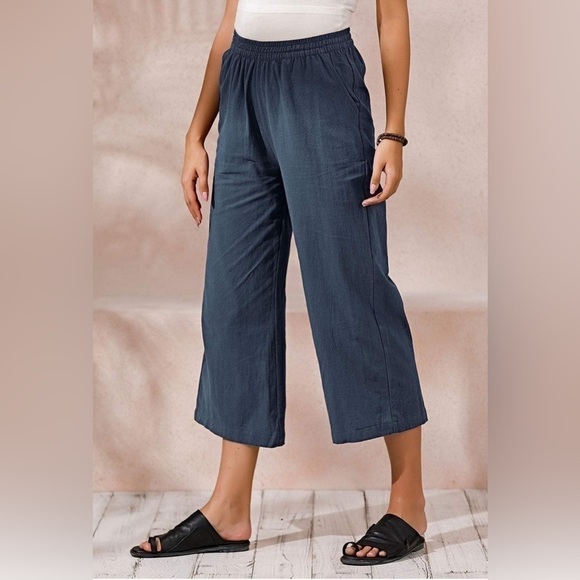NWT - ECUPPER Casual Loose Elastic Waist Cotton Trouser Cropped Wide Leg Pants - Picture 2 of 7